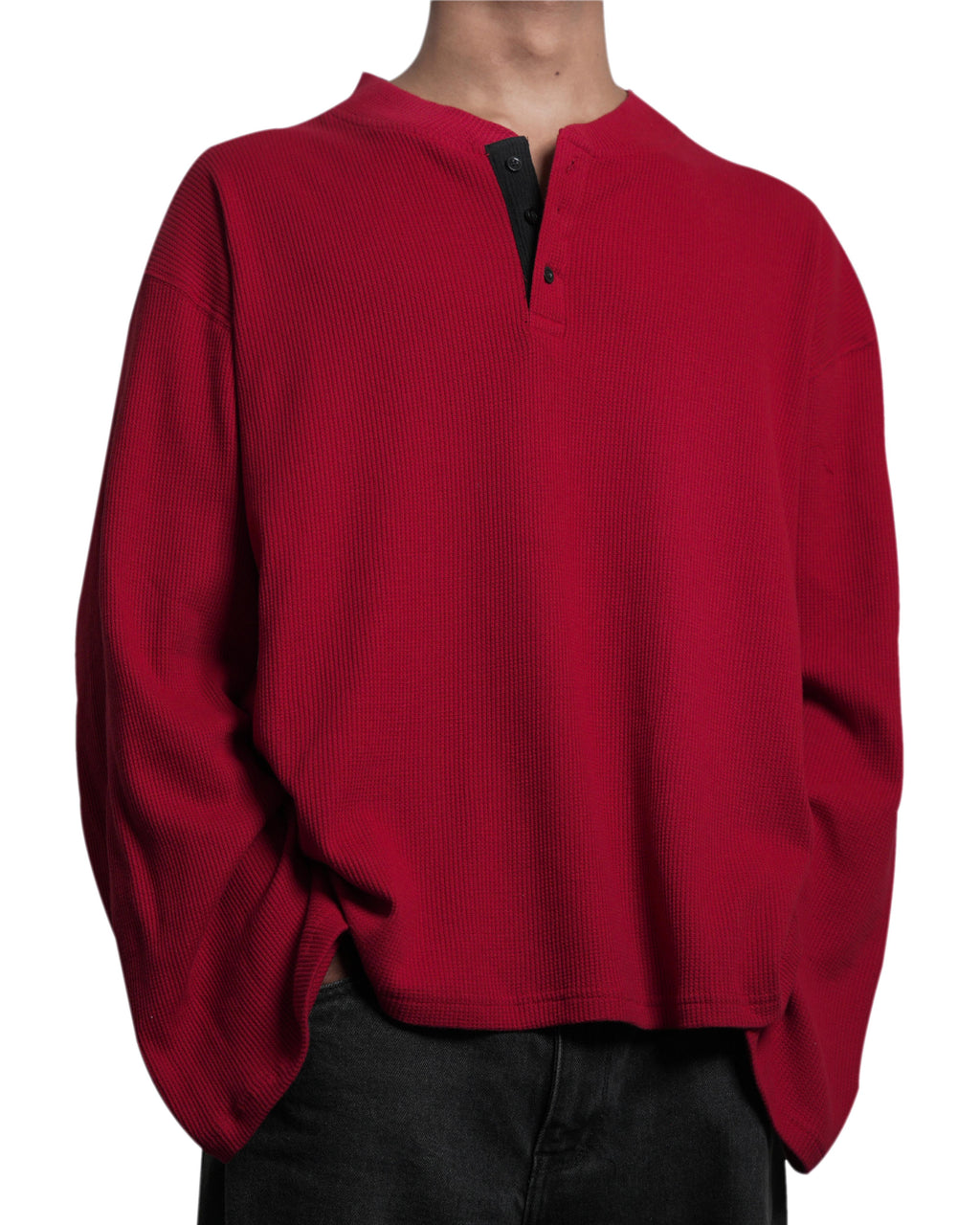 Waffle Henley Long Sleeves Red