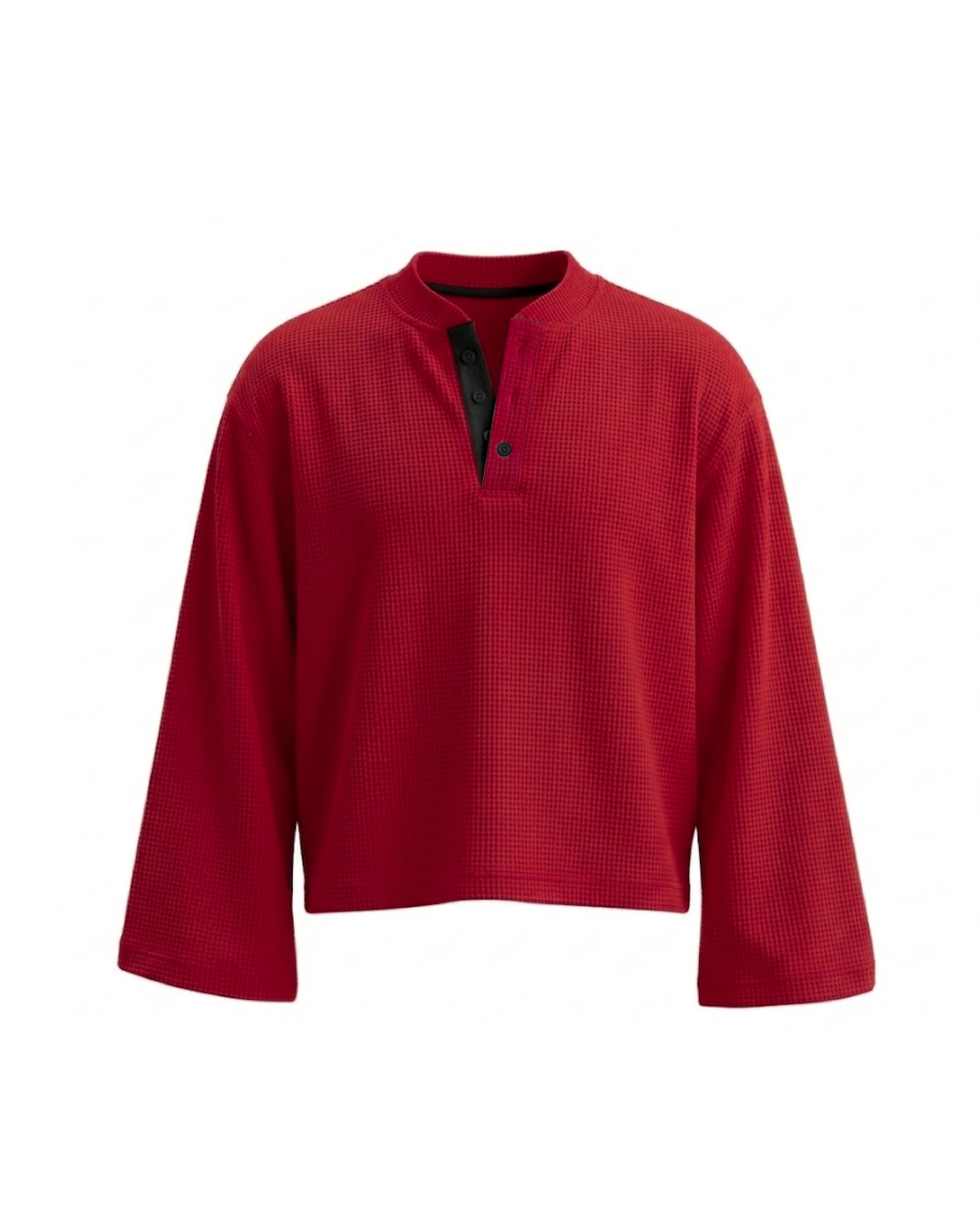 Waffle Henley Long Sleeves Red