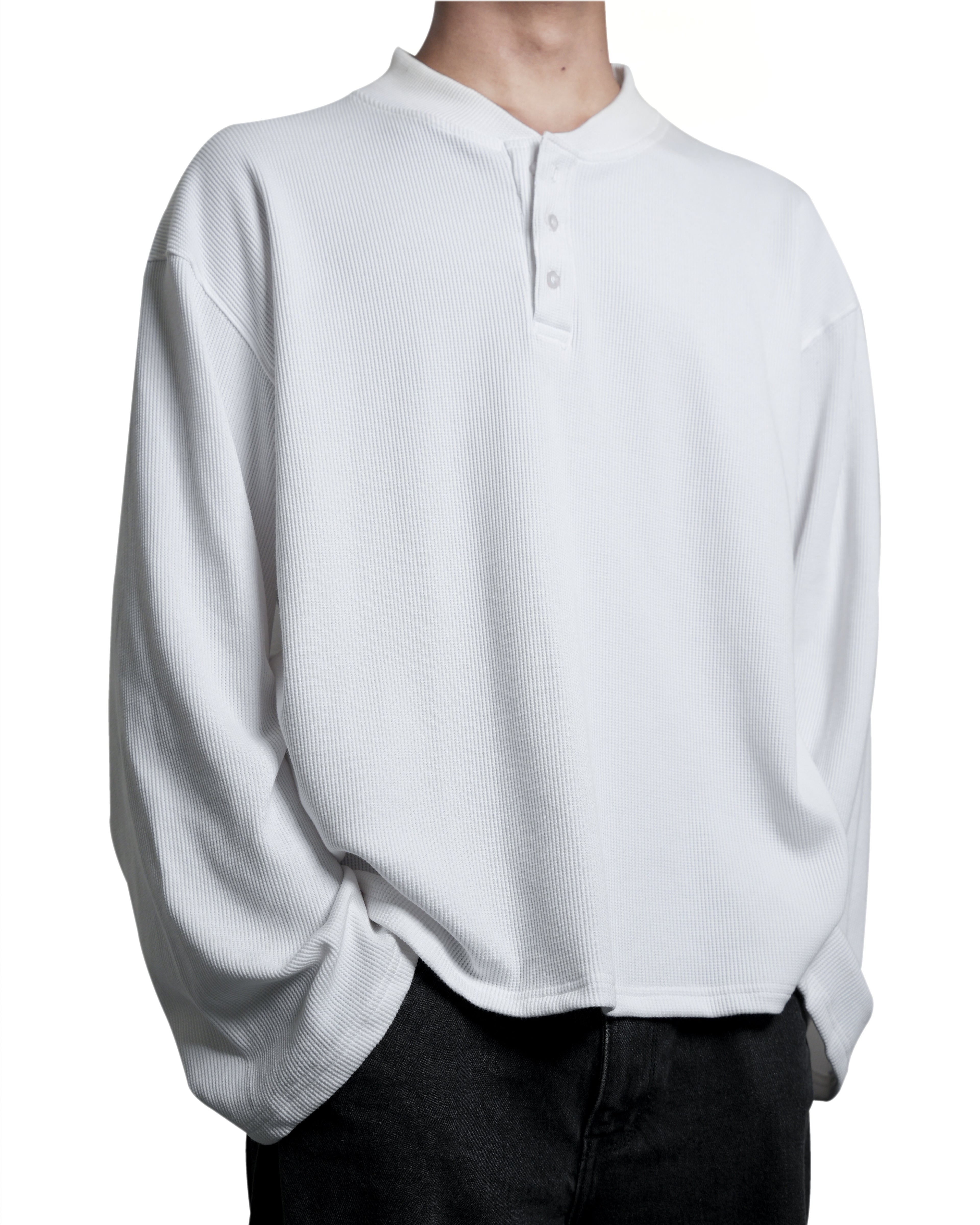 Waffle Henley Long Sleeves White