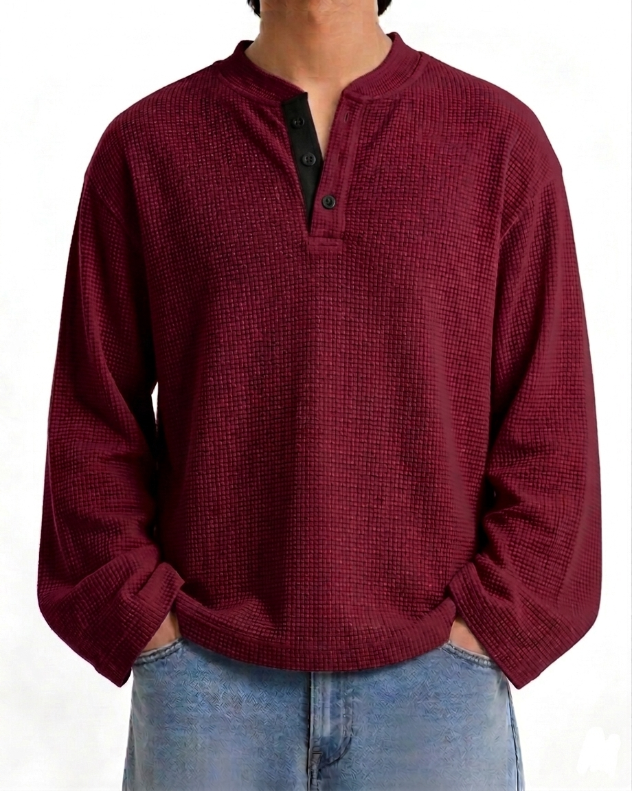 Waffle Henley Long Sleeves Burgundy