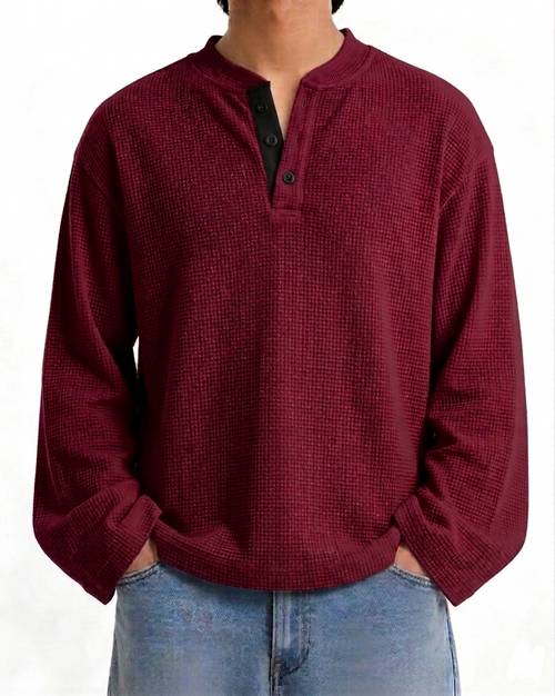 Waffle Henley Long Sleeves Burgundy
