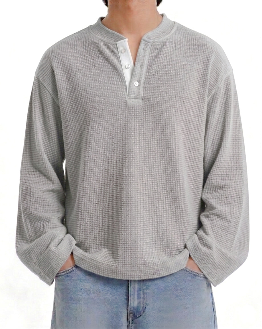Waffle Henley Long Sleeves Grey/White Doted