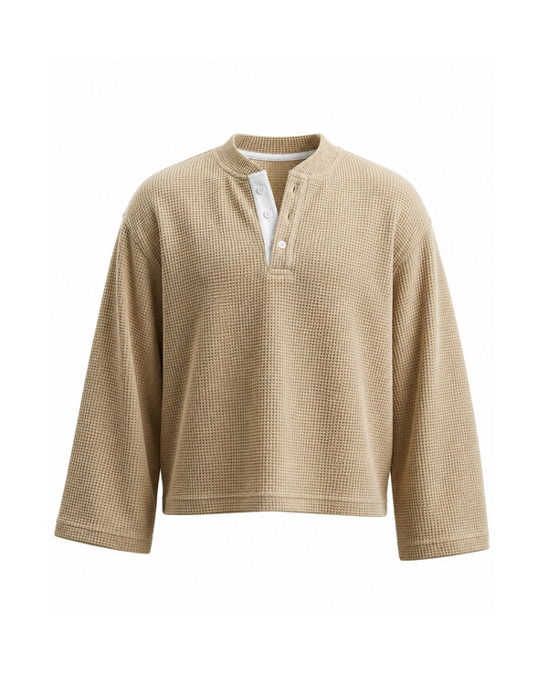 Waffle Henley Long Sleeves Beige